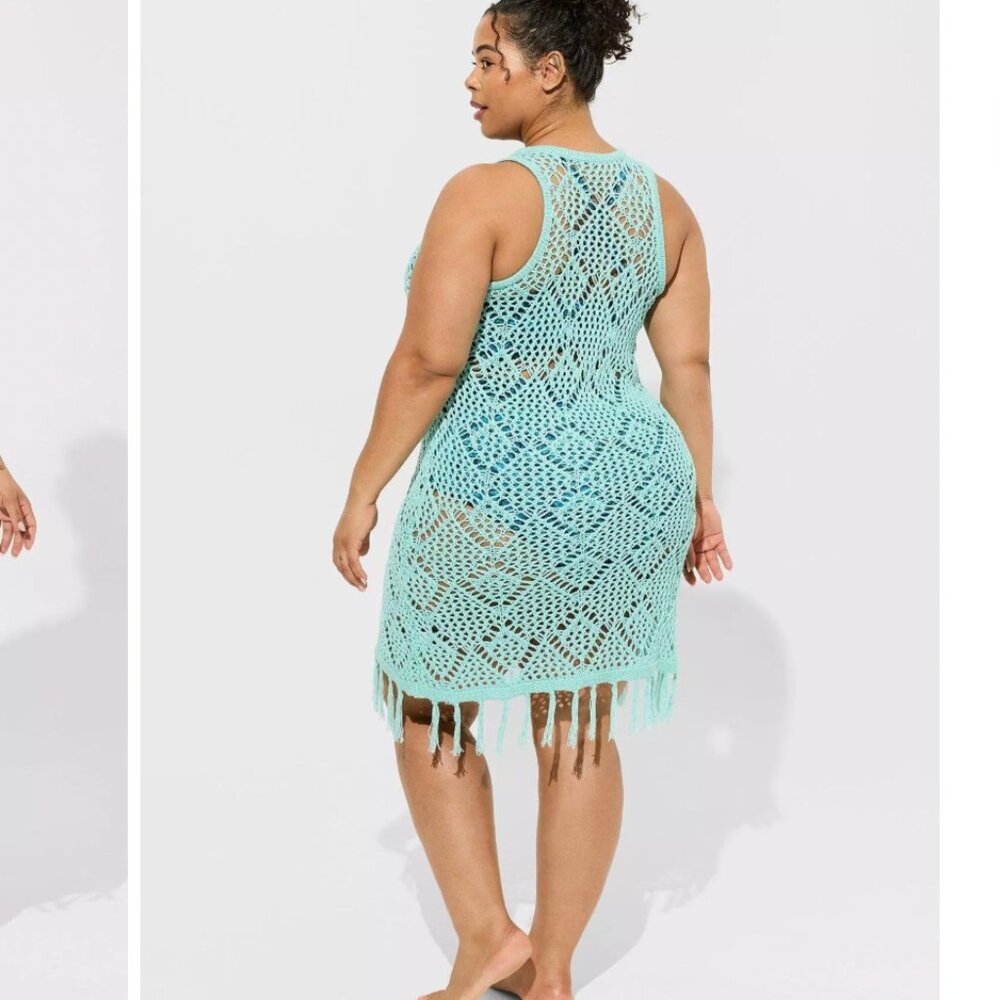 Torrid Crochet Knit Fringe Coverup Dress Size 1X Mint Blue Beach Boho Vacation - Picture 2 of 14